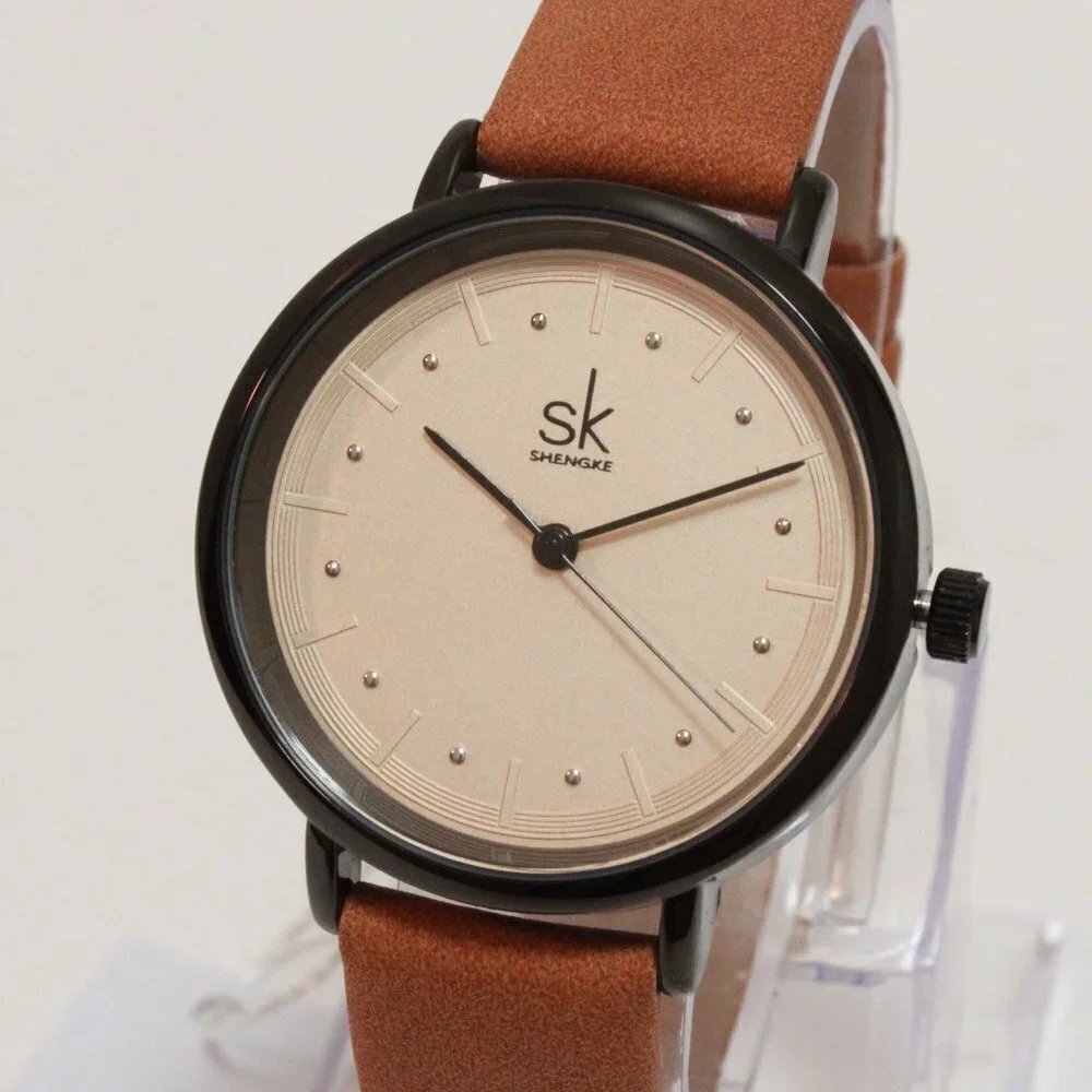 Ladies Retro Style Watch Black Case Silver Tone Indices Suede Strap 36mm